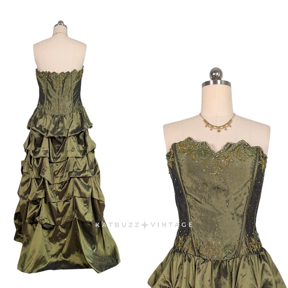 Vintage Prom Dress Maxi Gown 14 Olive Green Fairy Princess Goth Y2K Strapless - Picture 2 of 14